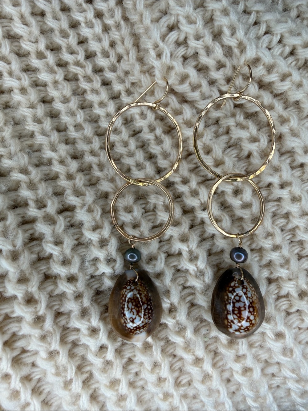 14K Gold Hoop Shell Drop Earrings - Picture 6 of 7